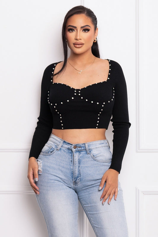 RHINESTOP TOP, CROP TOP, BLACK TOP, BLACK CROP TOP, LONG SLEEVE TOP, BLACK TOP FOR WOMEN